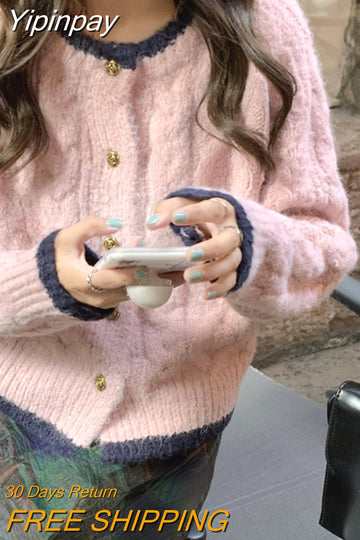 Yipinpay Autumn Pure Color Casual Tops Korean Fashion Y2k Clothing Woman Elegant Knitted Sweater Cardigan Long Sleeve Design Chic